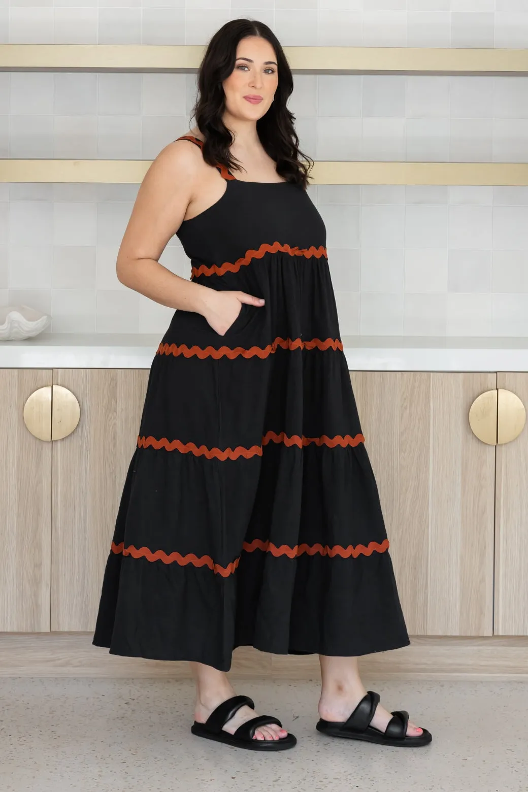 Kiki Linen Maxi Dress Black Rust Ric Rac