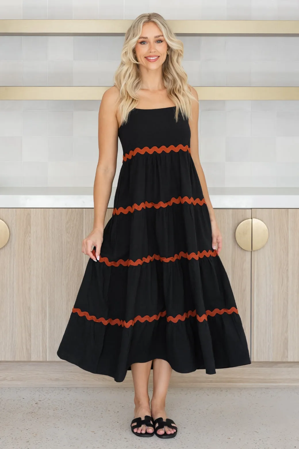 Kiki Linen Maxi Dress Black Rust Ric Rac