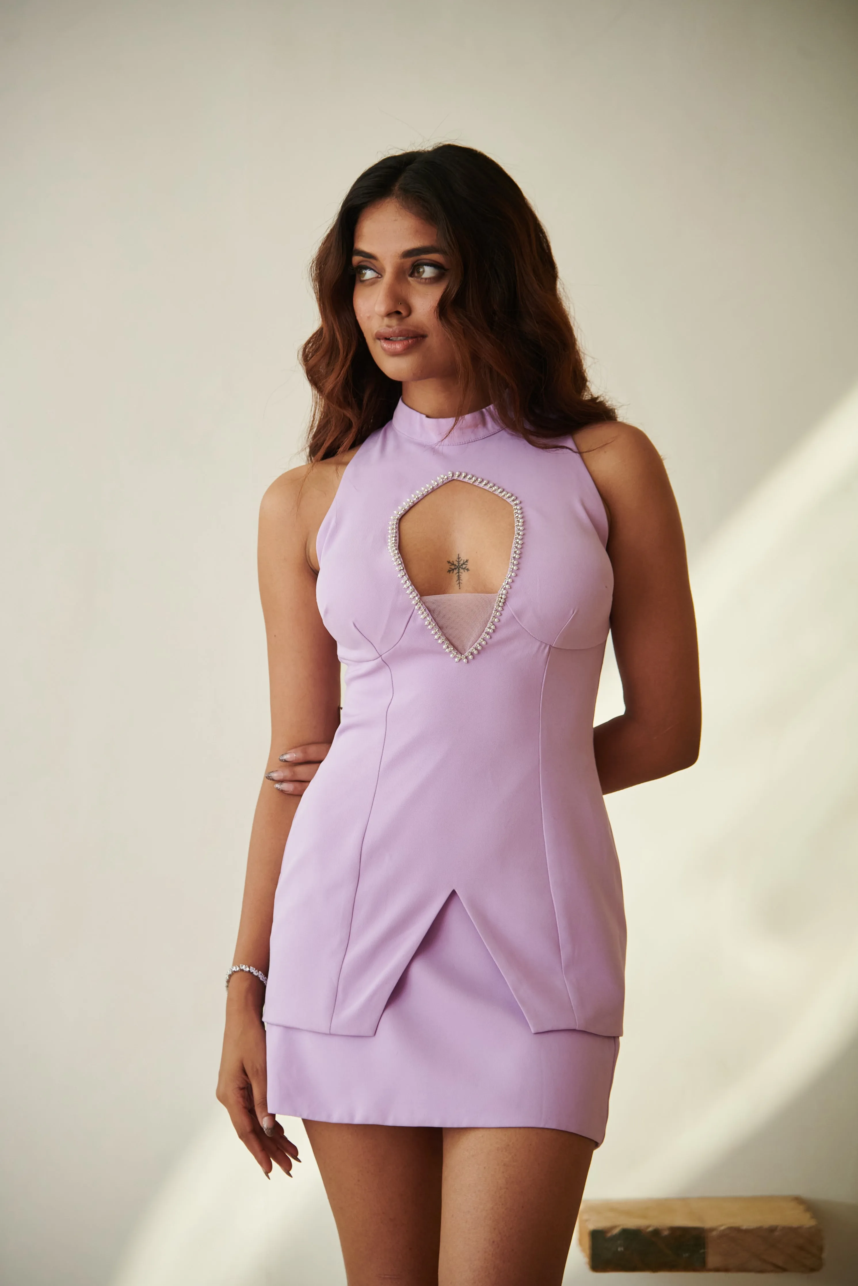 Kimber Lavender Cutout Embellished Top and Mini Skirt Set