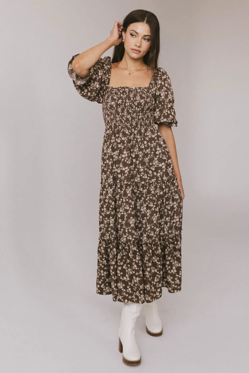 Kiran Floral Maxi Dress in Brown