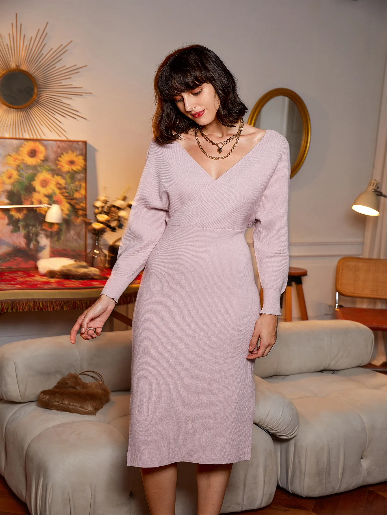 KittenAlarm - Women Backless Long Sleeve Deep V neck Knit Long Dress