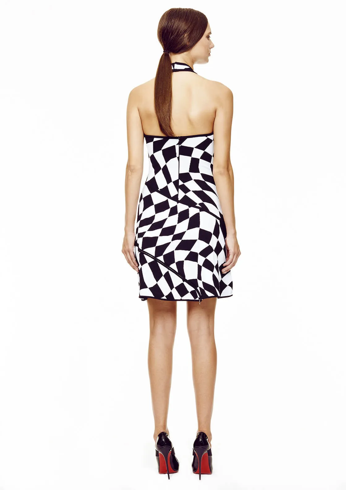 Laurence - Geometric Pattern Black and White Halter Dress