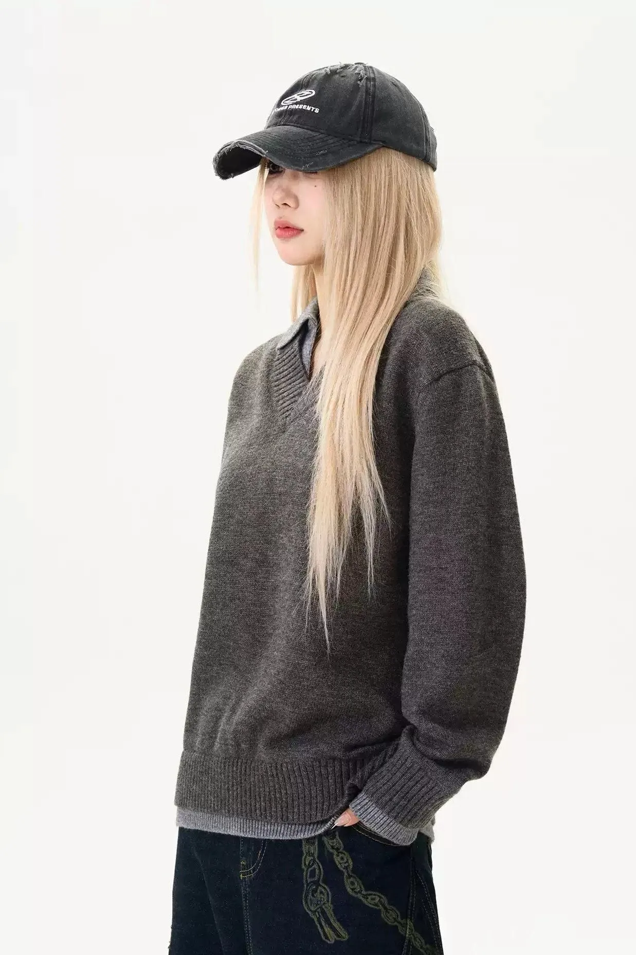 Layered V-Neck Polo Sweater