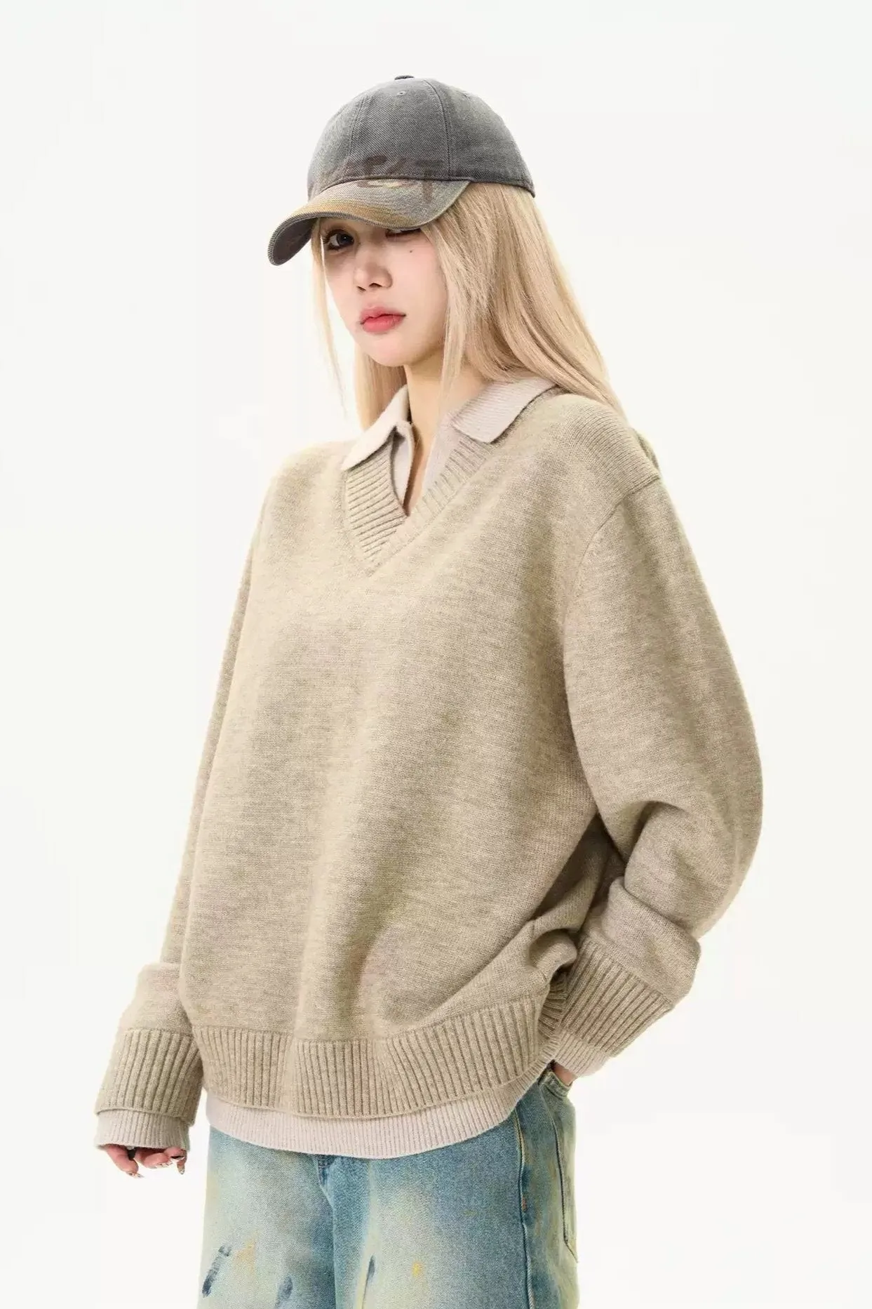 Layered V-Neck Polo Sweater