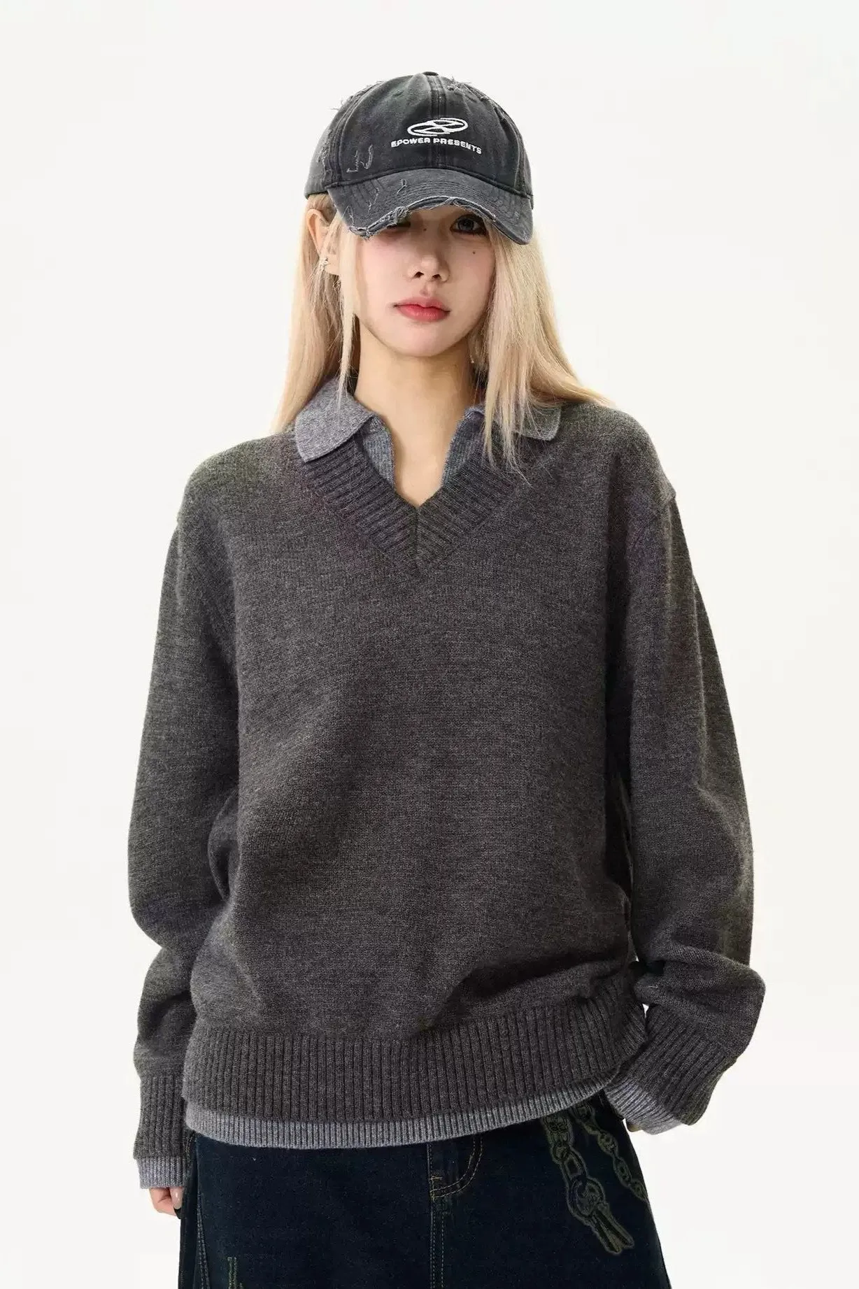 Layered V-Neck Polo Sweater