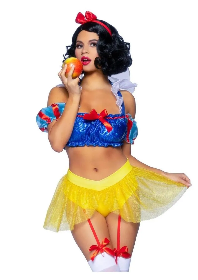 Leg Avenue Bad Apple Snow White, Shimmer Halter Bandeau with Organza Puff Sleeves and Ruffle Collar, Garter Panty with Shimmer Sheer Skirt, and Matching Bow Headband