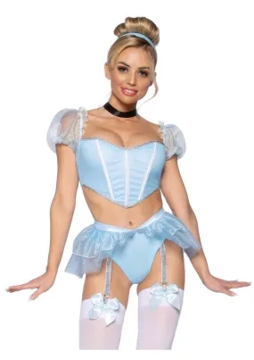 Leg Avenue Glass Slipper Cinderella Boned Sweetheart Crop Top with Organza Sleeves, Garter Panty with Shimmer Sheer Skirt, Ribbon Choker, and Matching Hair Band