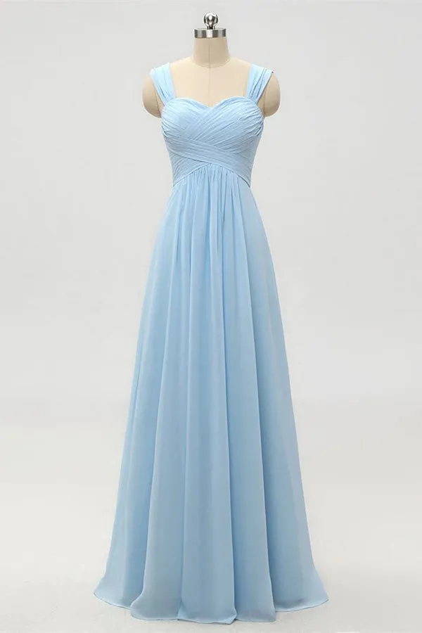 Light Blue A-Line Empire Waist Long Bridesmaid Dress