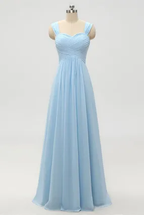 Light Blue A-Line Empire Waist Long Bridesmaid Dress