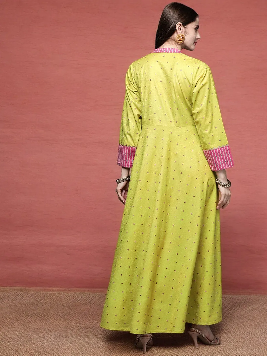 Lime Yellow & Pink Printed Pleated A-Line Maxi Velvet Ethnic Dress