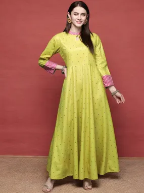 Lime Yellow & Pink Printed Pleated A-Line Maxi Velvet Ethnic Dress