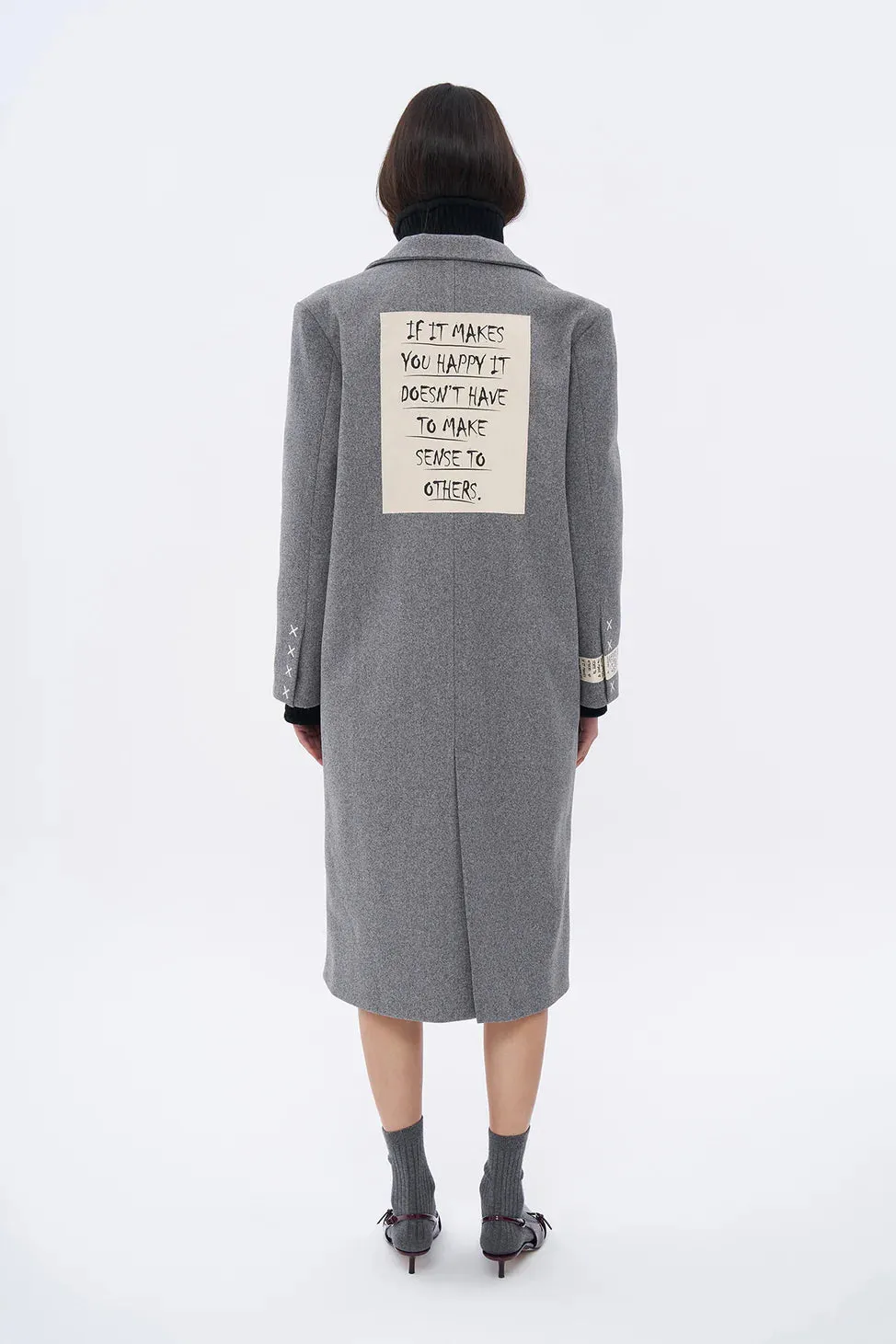 Long Coat with Printed Back Detail and Pocket Dark Gray