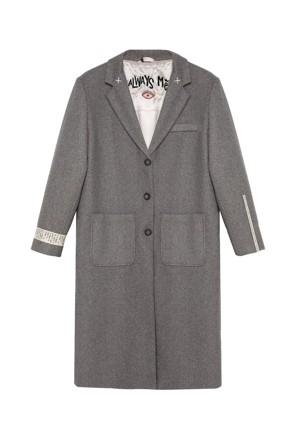 Long Coat with Printed Back Detail and Pocket Dark Gray