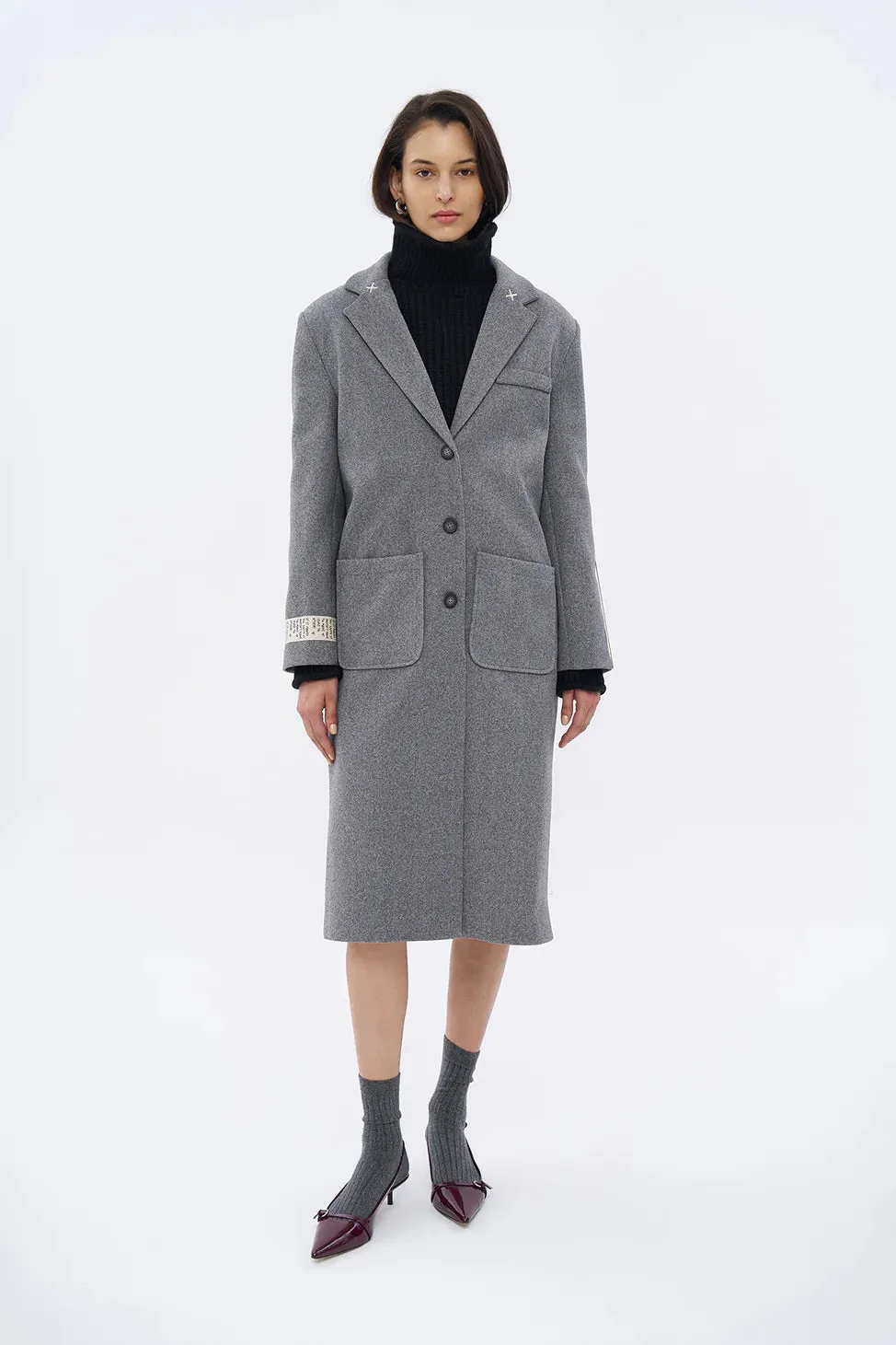 Long Coat with Printed Back Detail and Pocket Dark Gray