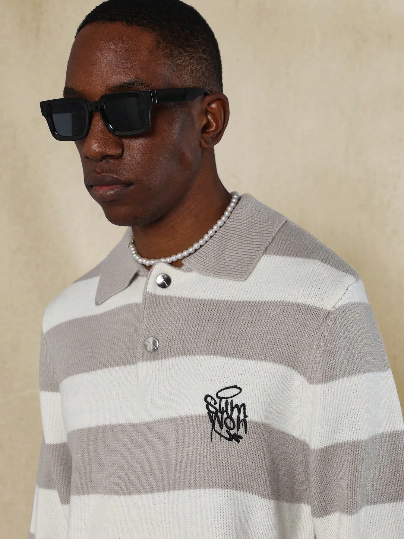 Long Sleeve Stripe Knit Polo Shirt With Embroidery Print