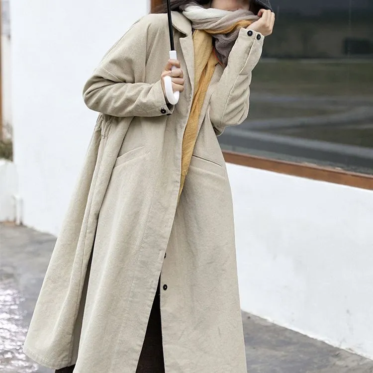 Long Winter Coats for Women, Corduroy Trench, Loose Casual Warm Overcoat