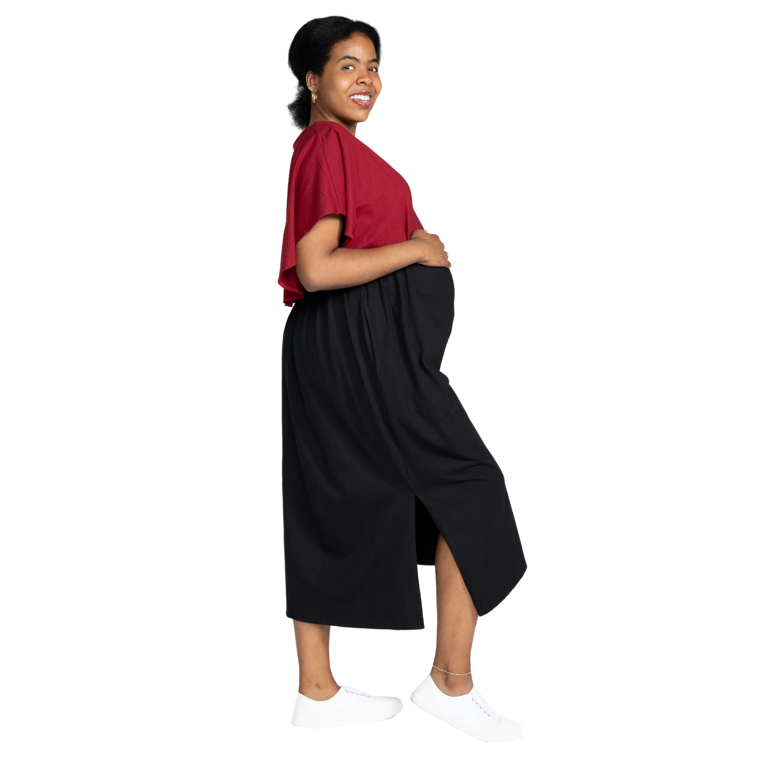 Maroon & Black Nursing Friendly Maternity Maxi Dress [FINAL SALE]