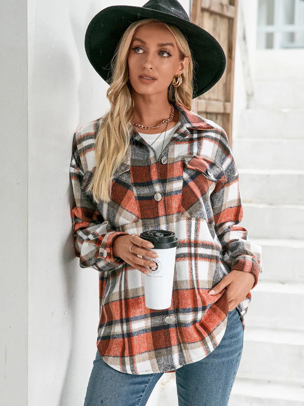 Meet You Outside Plaid Button Down Curved Hem Shacket • More Colors