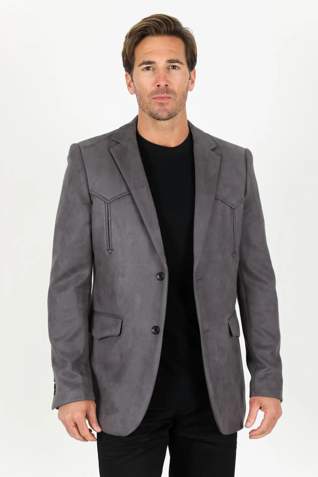 Men's Double Button Faux-Suede Blazer - Charcoal