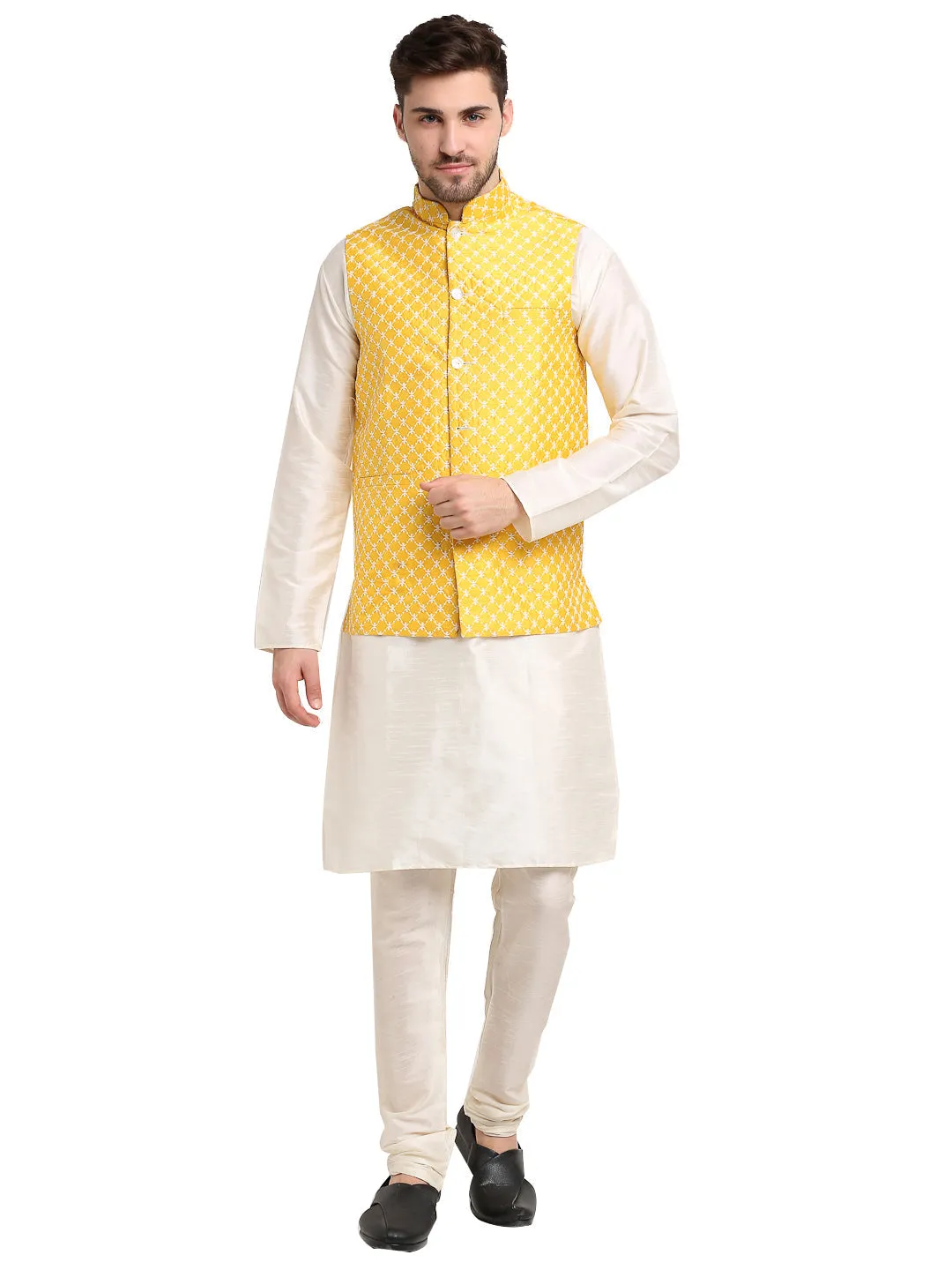 Men's Embroidered Nehru Jacket & Kurta Pyjama ( JOKPWC W-D 4029Mustard ) - Virat Fashions