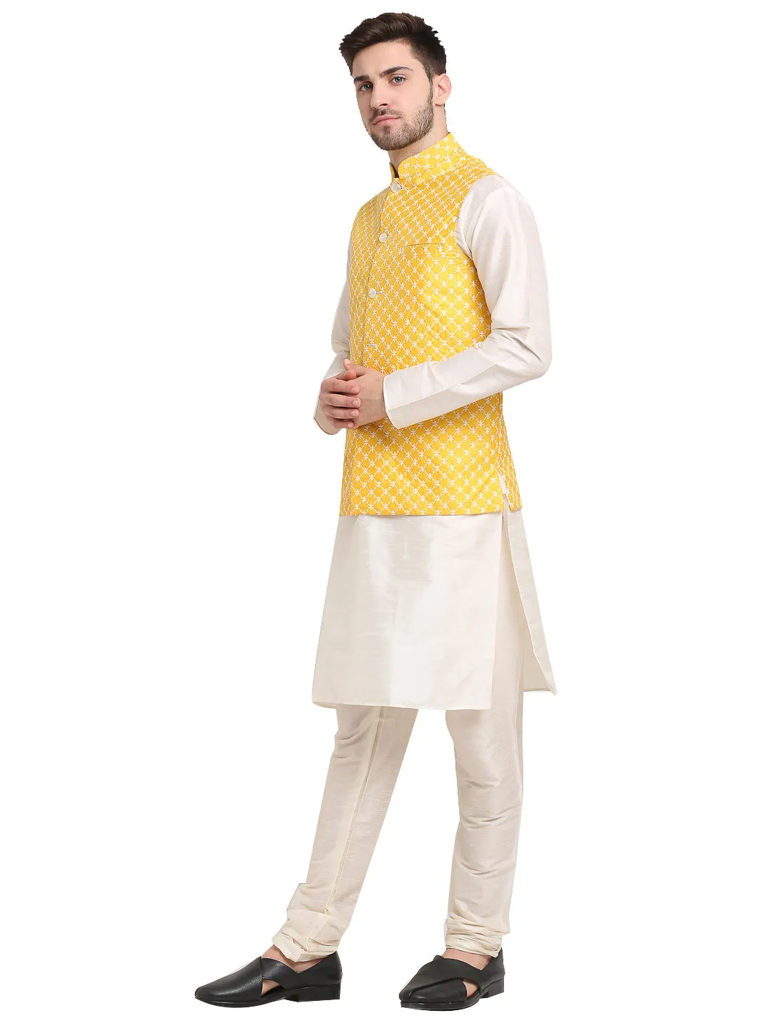 Men's Embroidered Nehru Jacket & Kurta Pyjama ( JOKPWC W-D 4029Mustard ) - Virat Fashions