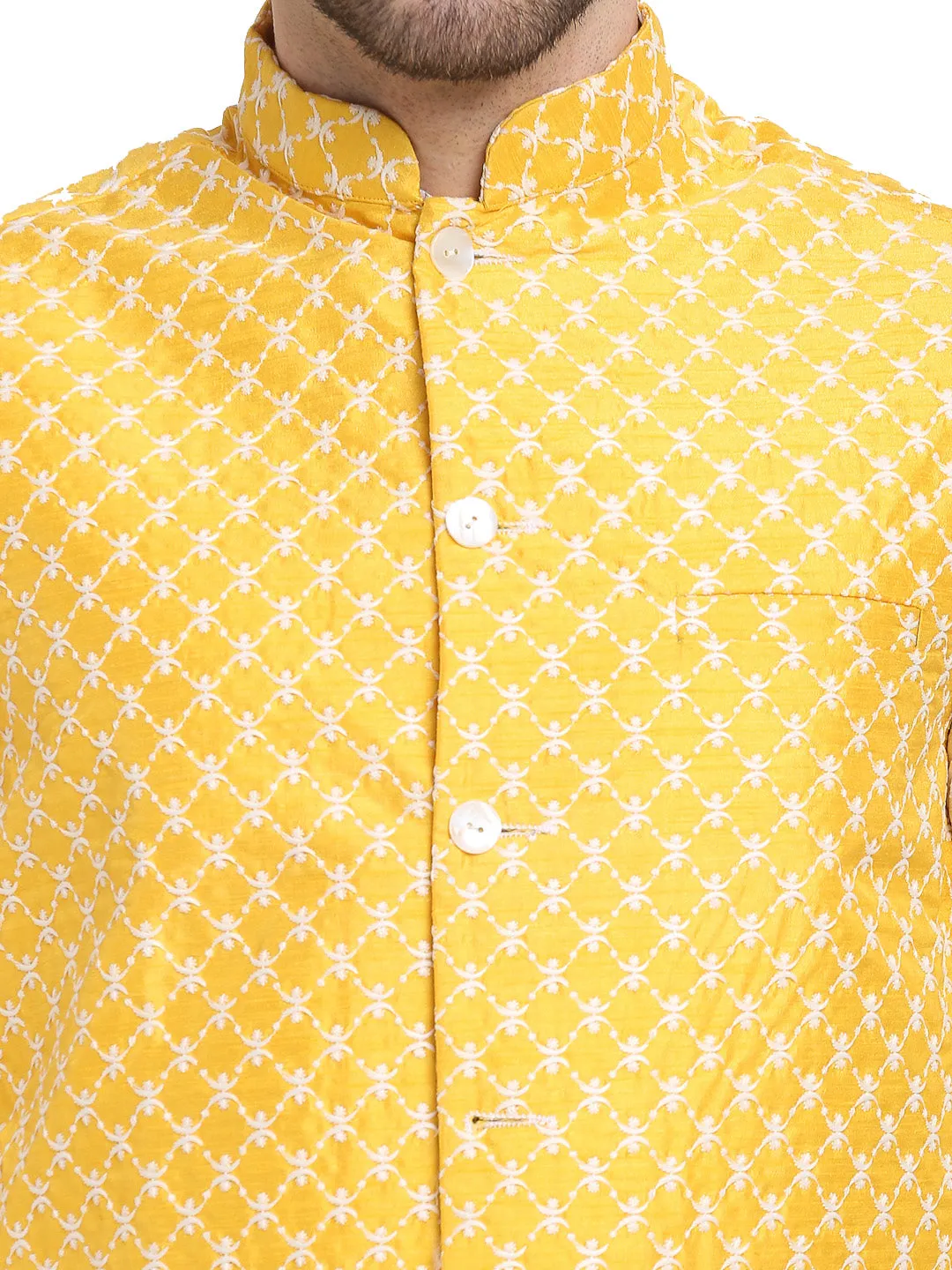 Men's Embroidered Nehru Jacket & Kurta Pyjama ( JOKPWC W-D 4029Mustard ) - Virat Fashions