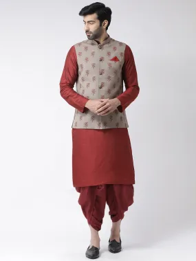 Men's Khaki Kurta Jacket Dhoti Set