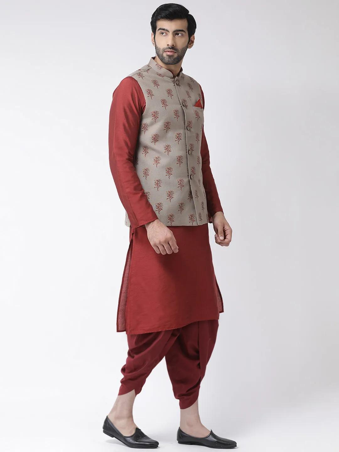 Men's Khaki Kurta Jacket Dhoti Set