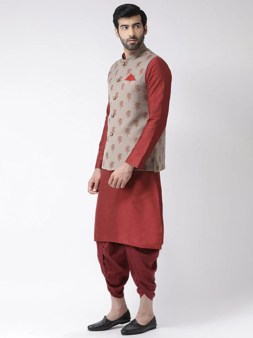 Men's Khaki Kurta Jacket Dhoti Set