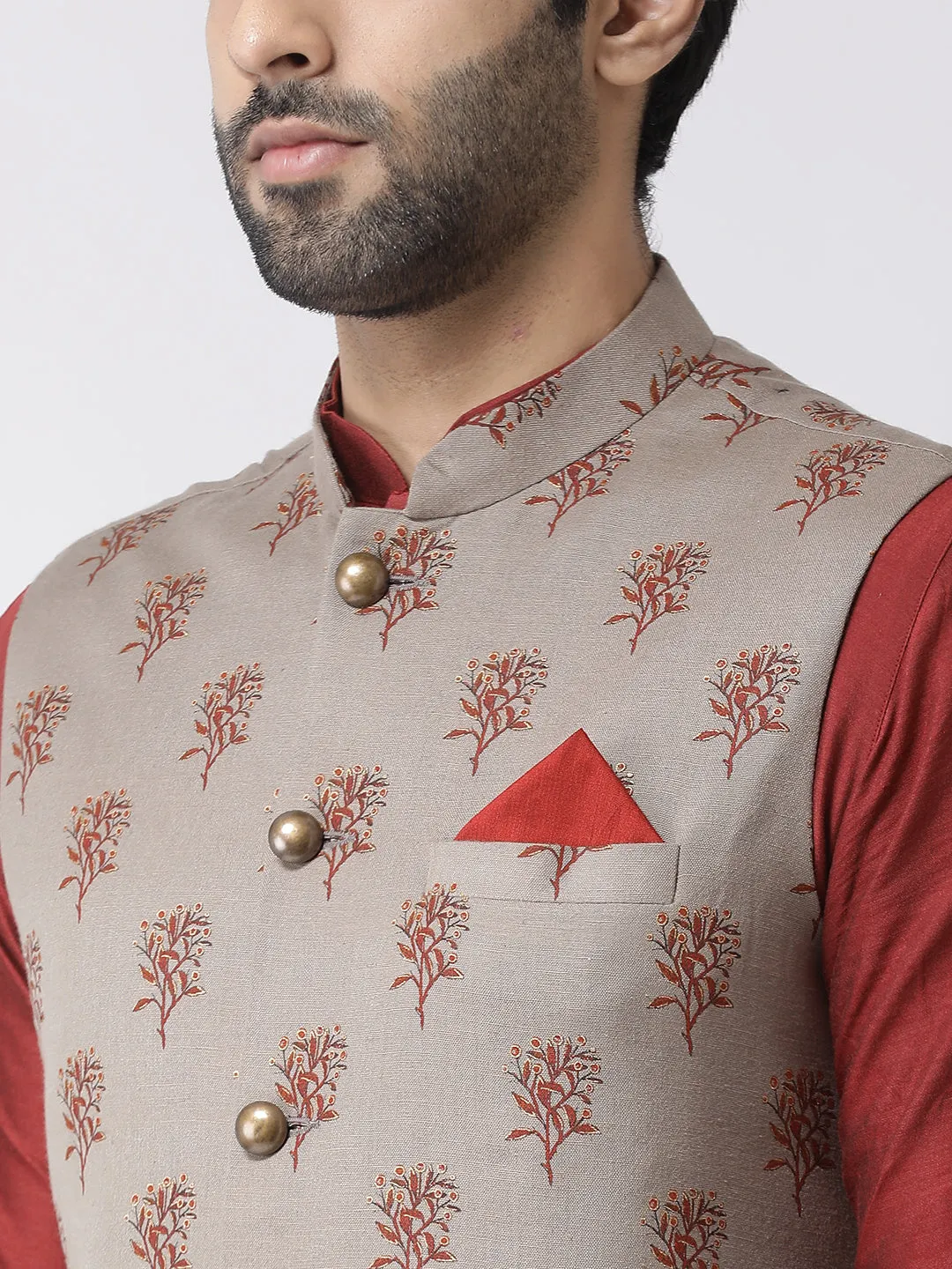 Men's Khaki Kurta Jacket Dhoti Set