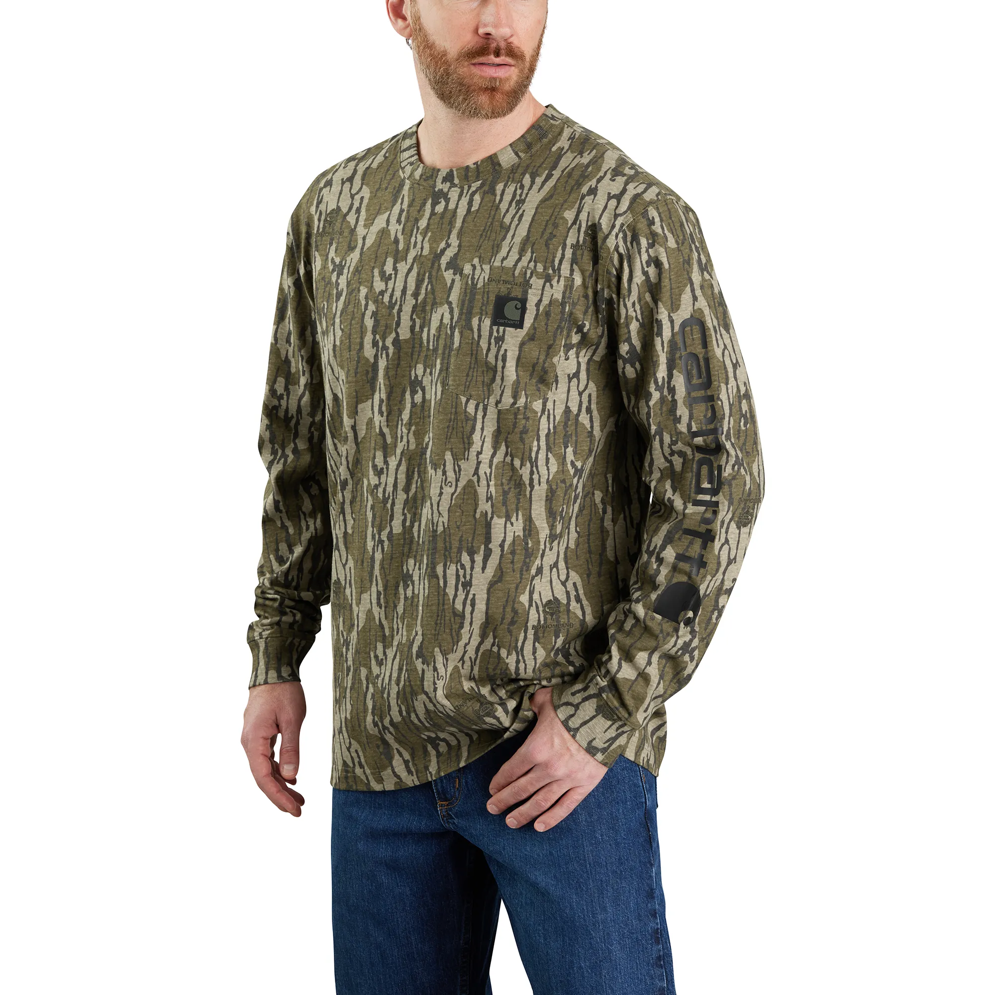 Men's Loose Fit Heavyweight Long-Sleeve Pocket Camo Logo Graphic T-Shirt