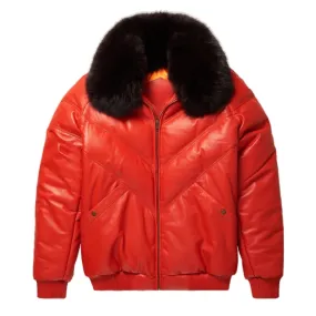 Mens Orange Leather V Bomber Jacket