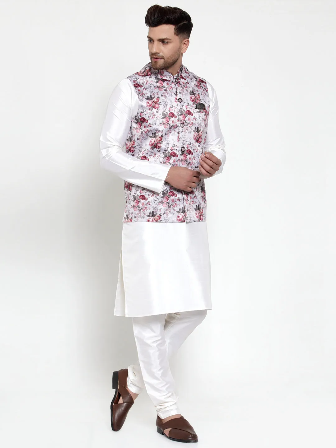 Men's Solid Dupion Kurta Pajama with Printed Nehru Jacket ( JOKPWC OW-D 4014Silver ) - Virat Fashions