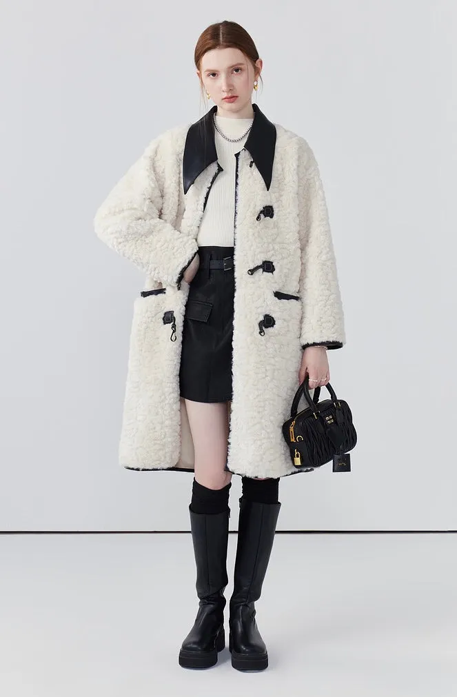 Mid-length off-white fur coat loose faux fur one-piece coat