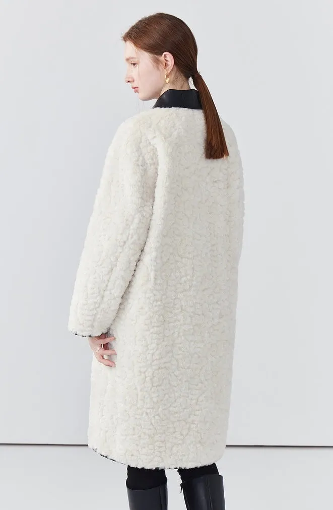 Mid-length off-white fur coat loose faux fur one-piece coat