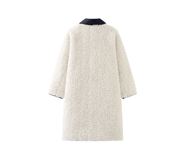 Mid-length off-white fur coat loose faux fur one-piece coat