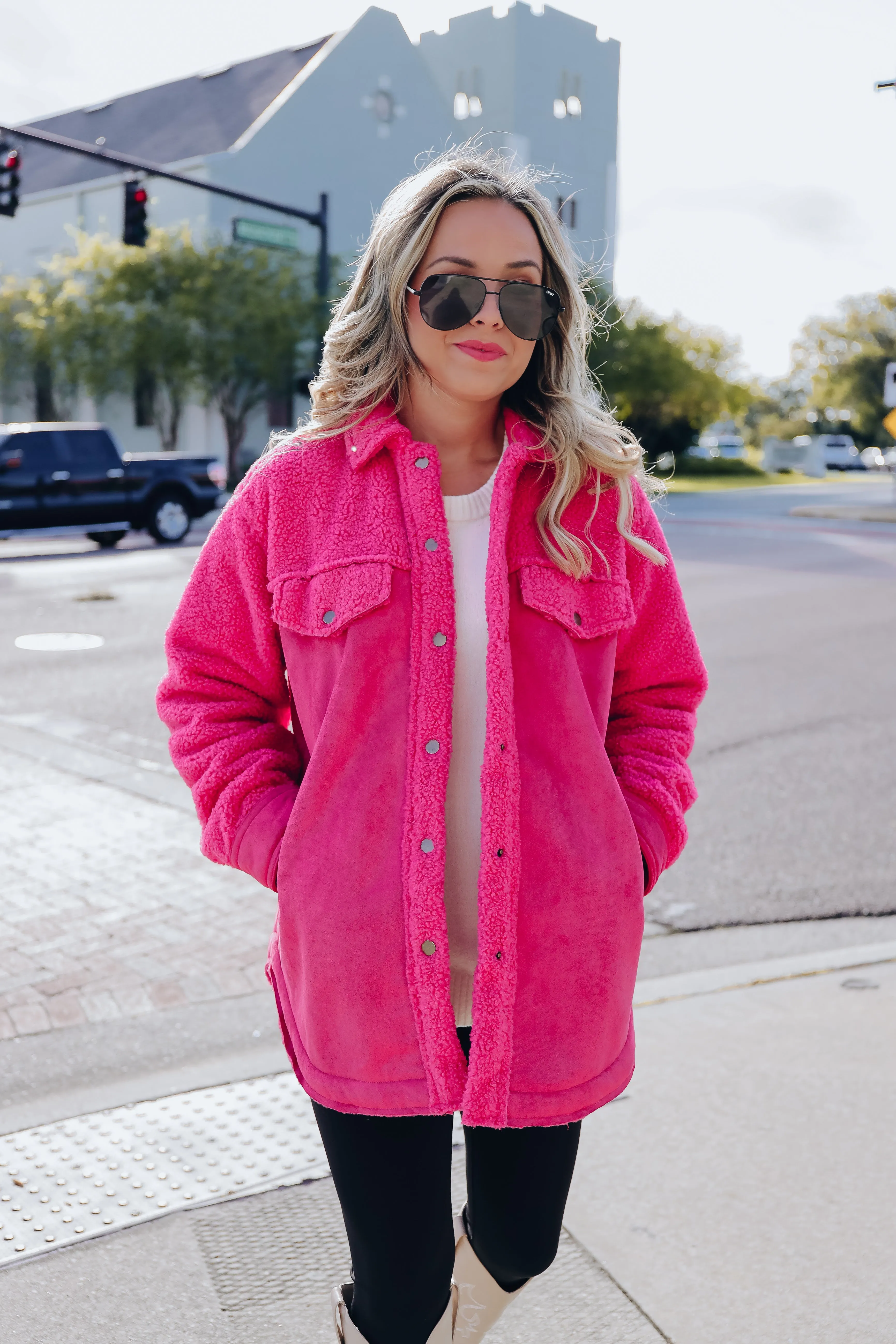 Minnesota Mix Sherpa and Faux Suede Shacket - Hot Pink