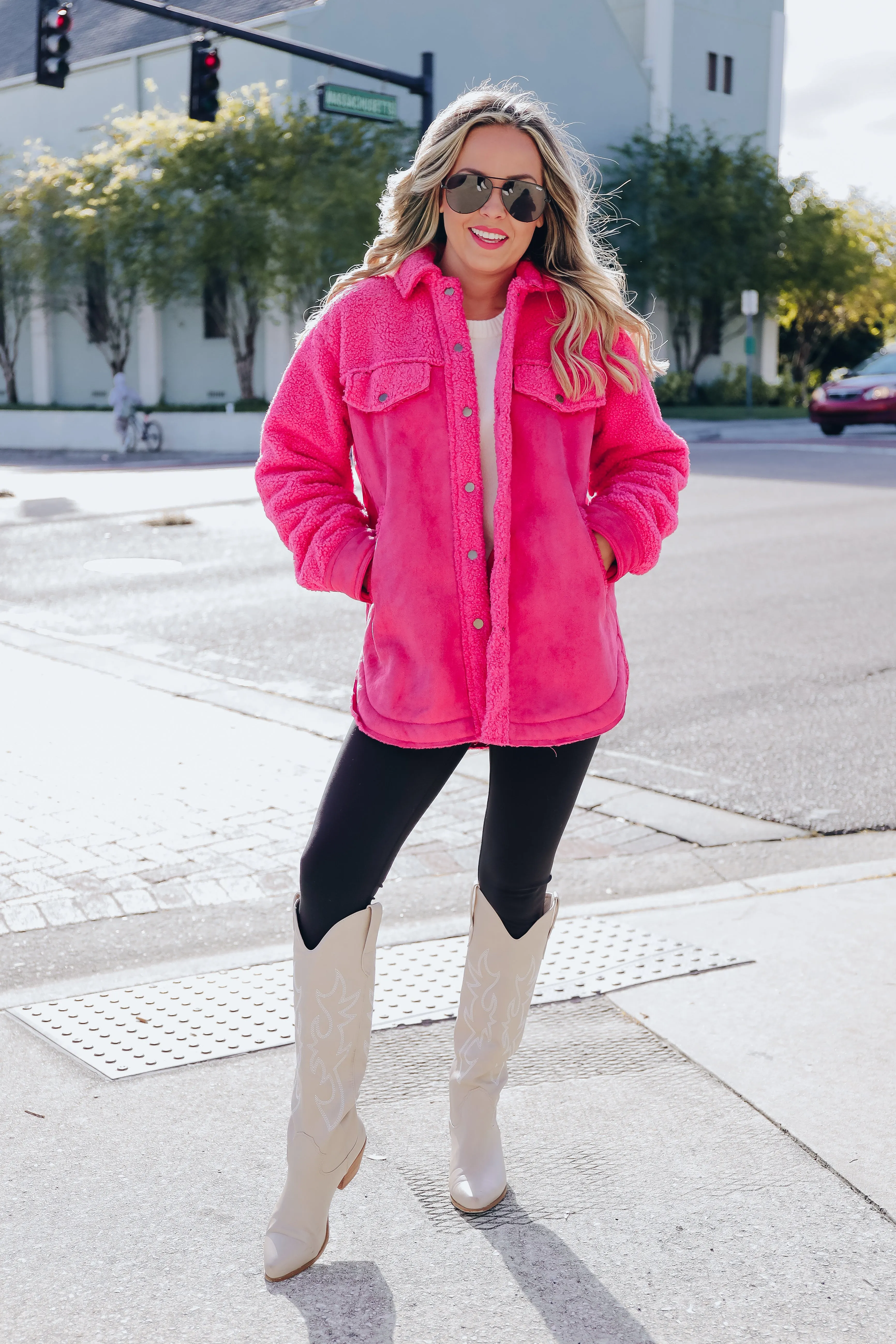 Minnesota Mix Sherpa and Faux Suede Shacket - Hot Pink