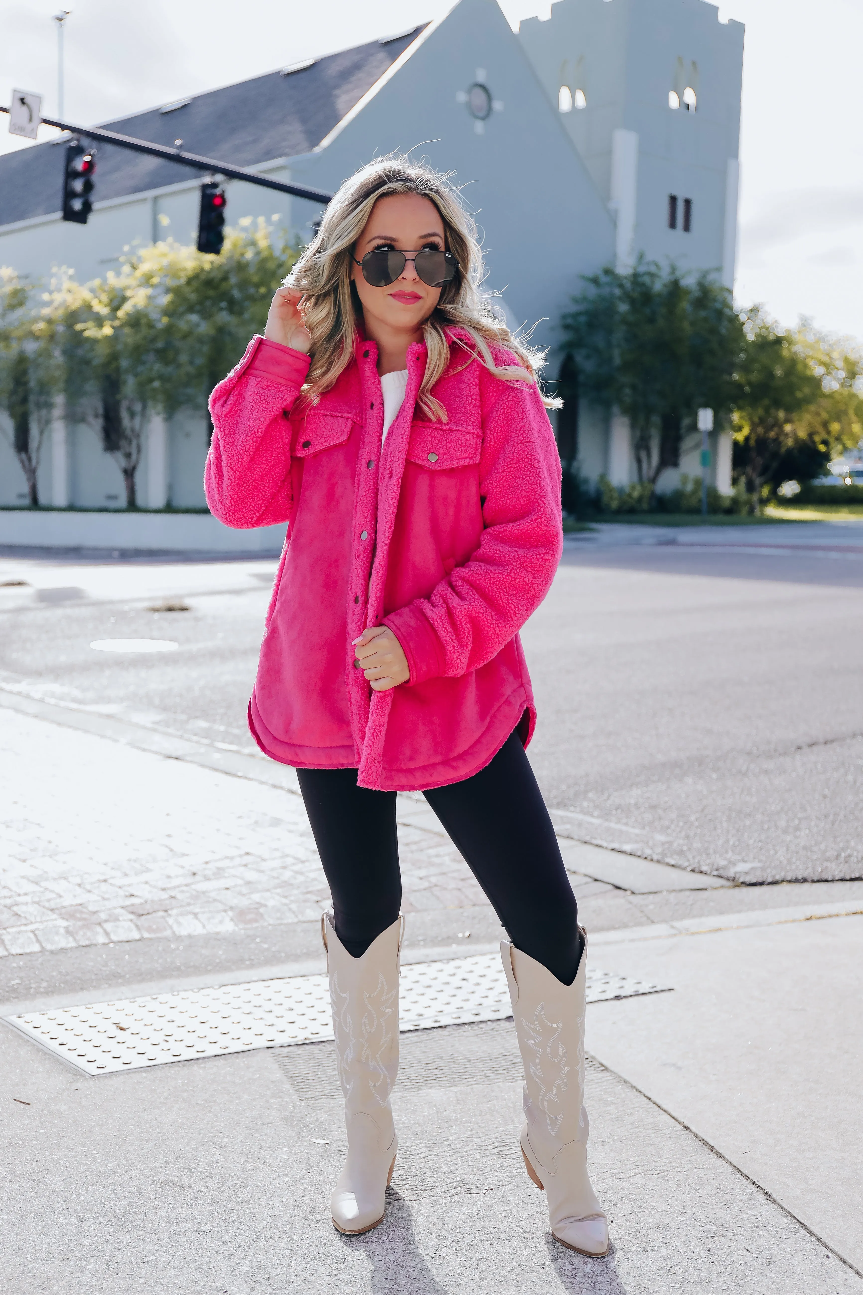 Minnesota Mix Sherpa and Faux Suede Shacket - Hot Pink