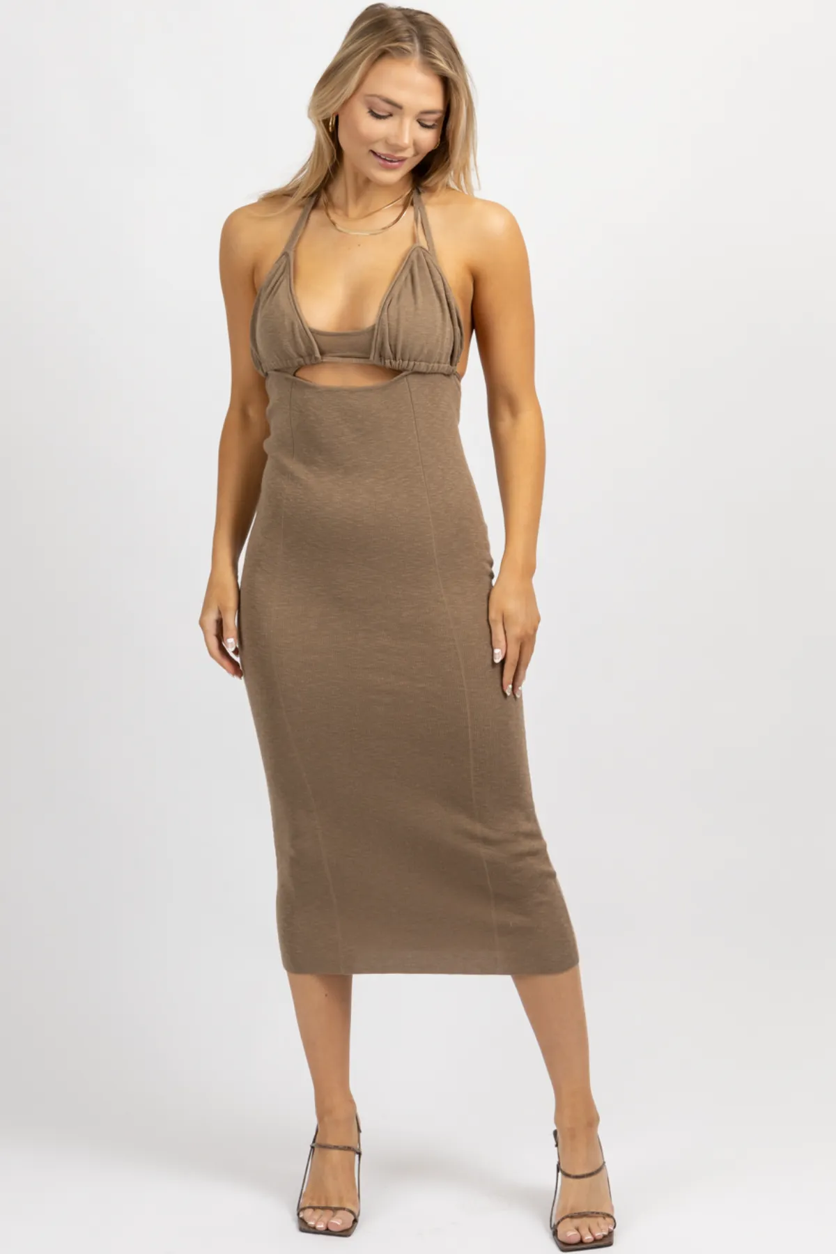 MOCHA HALTERNECK TRIANGLE MIDI DRESS