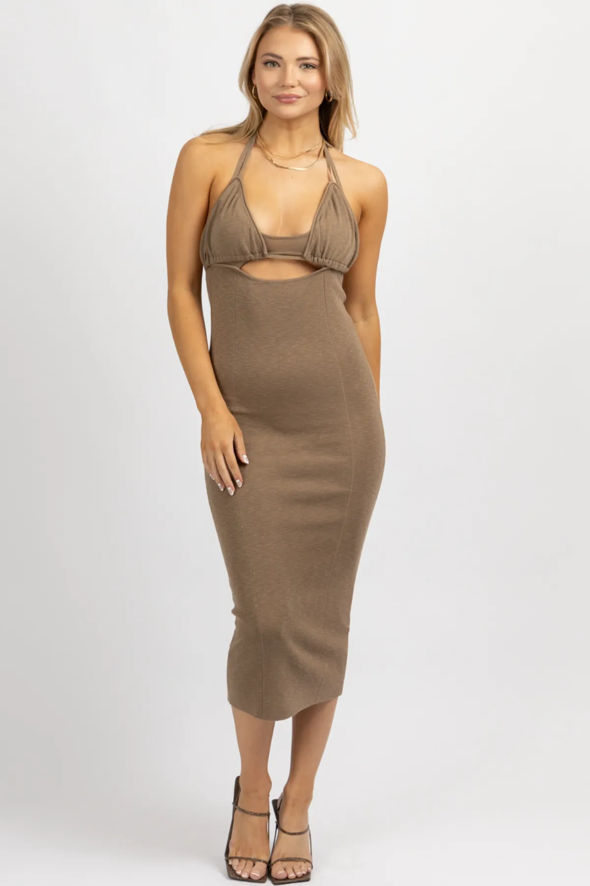 MOCHA HALTERNECK TRIANGLE MIDI DRESS