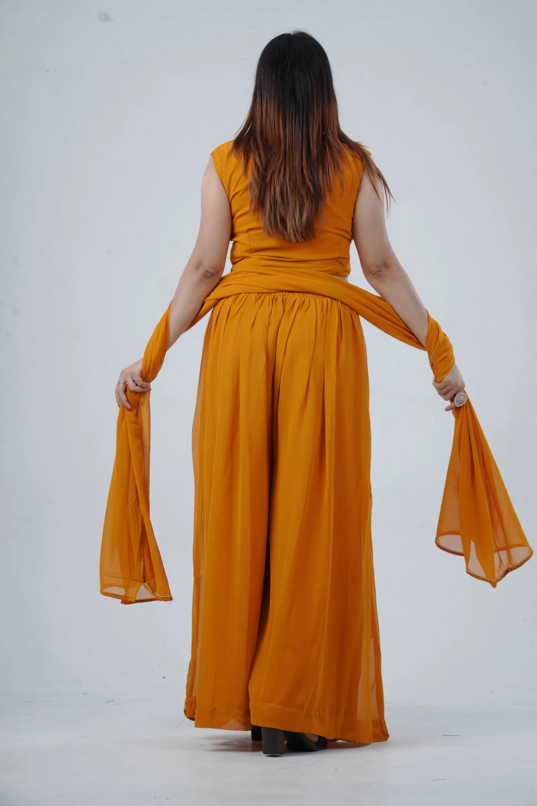 Modern Crop Top, Palazzo Pants & Elegant Overcoat Ensemble in Mustard