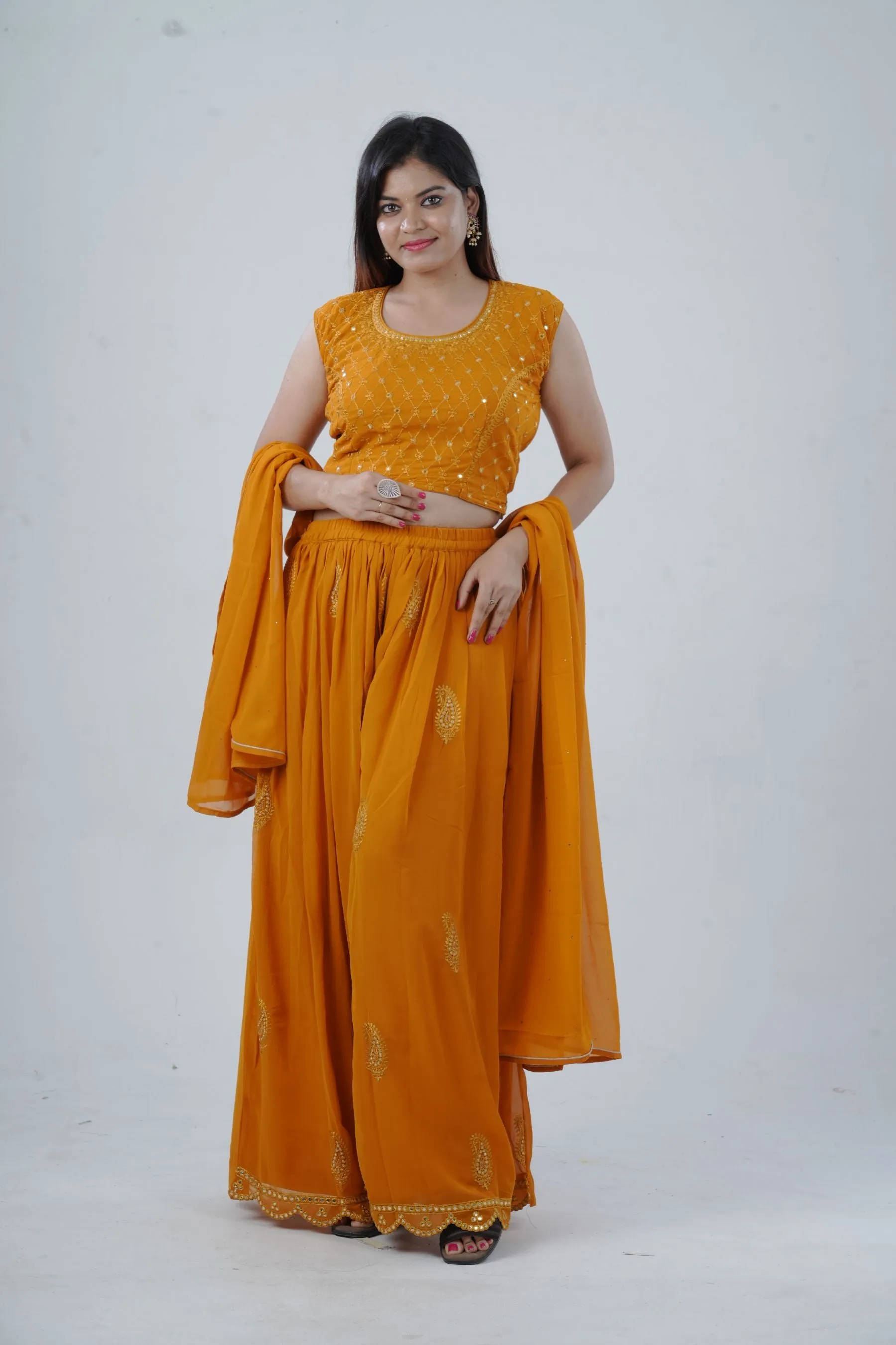 Modern Crop Top, Palazzo Pants & Elegant Overcoat Ensemble in Mustard