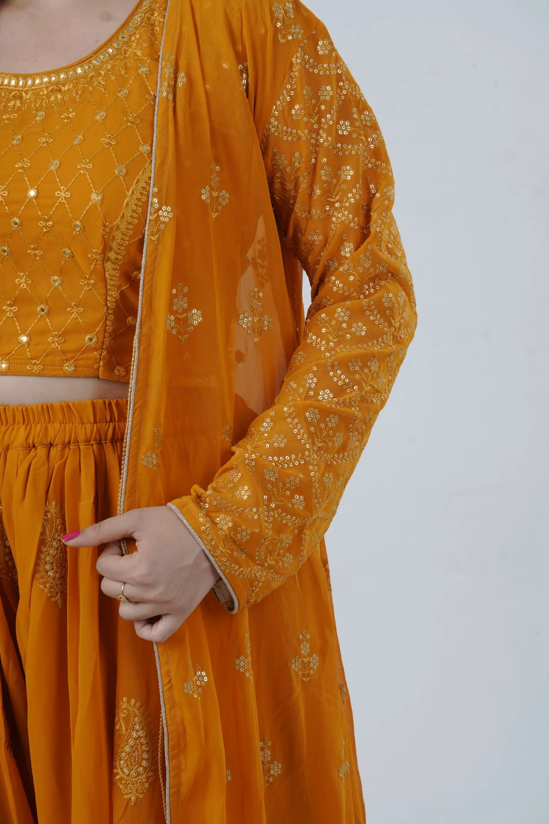 Modern Crop Top, Palazzo Pants & Elegant Overcoat Ensemble in Mustard