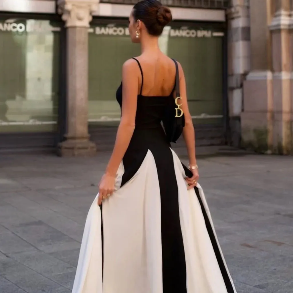 Monochromatic Black and White Sweetheart Neck Godet Slip Maxi Dress