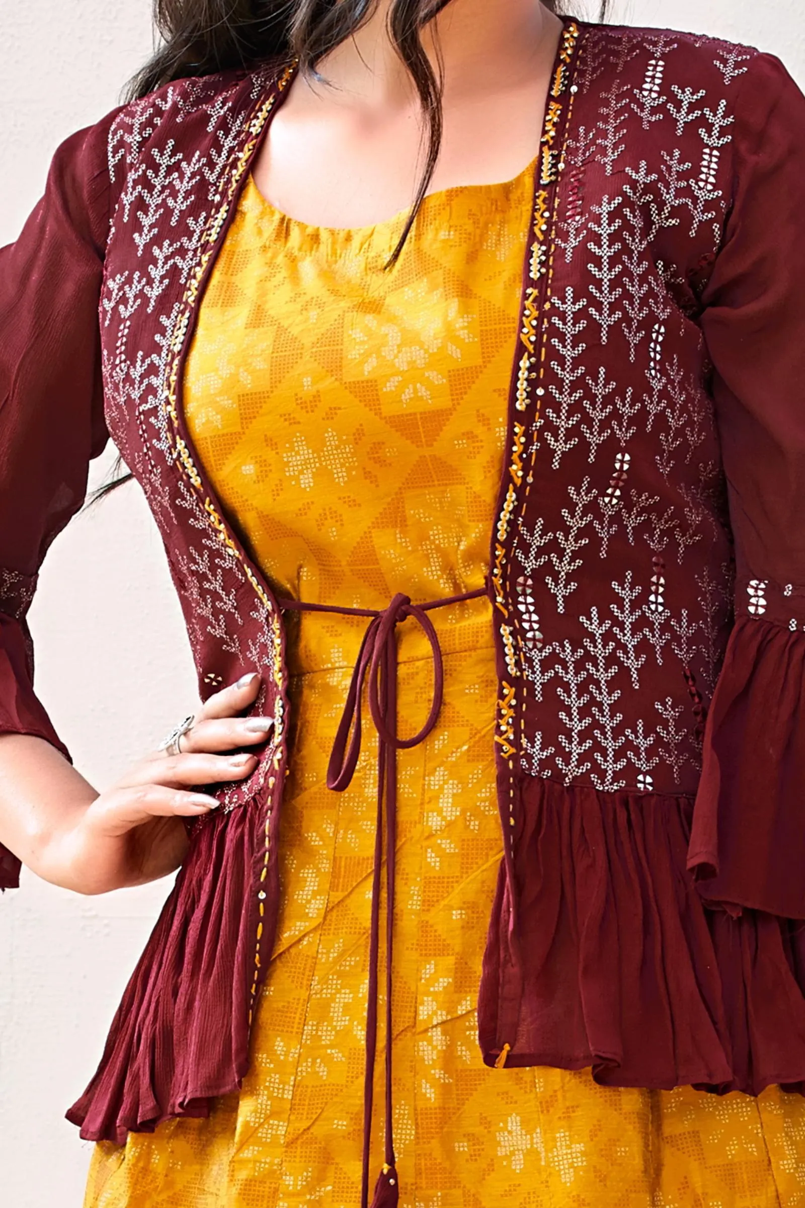 Mustard Yellow with Maroon Overcoat Sequins work Long Kurti