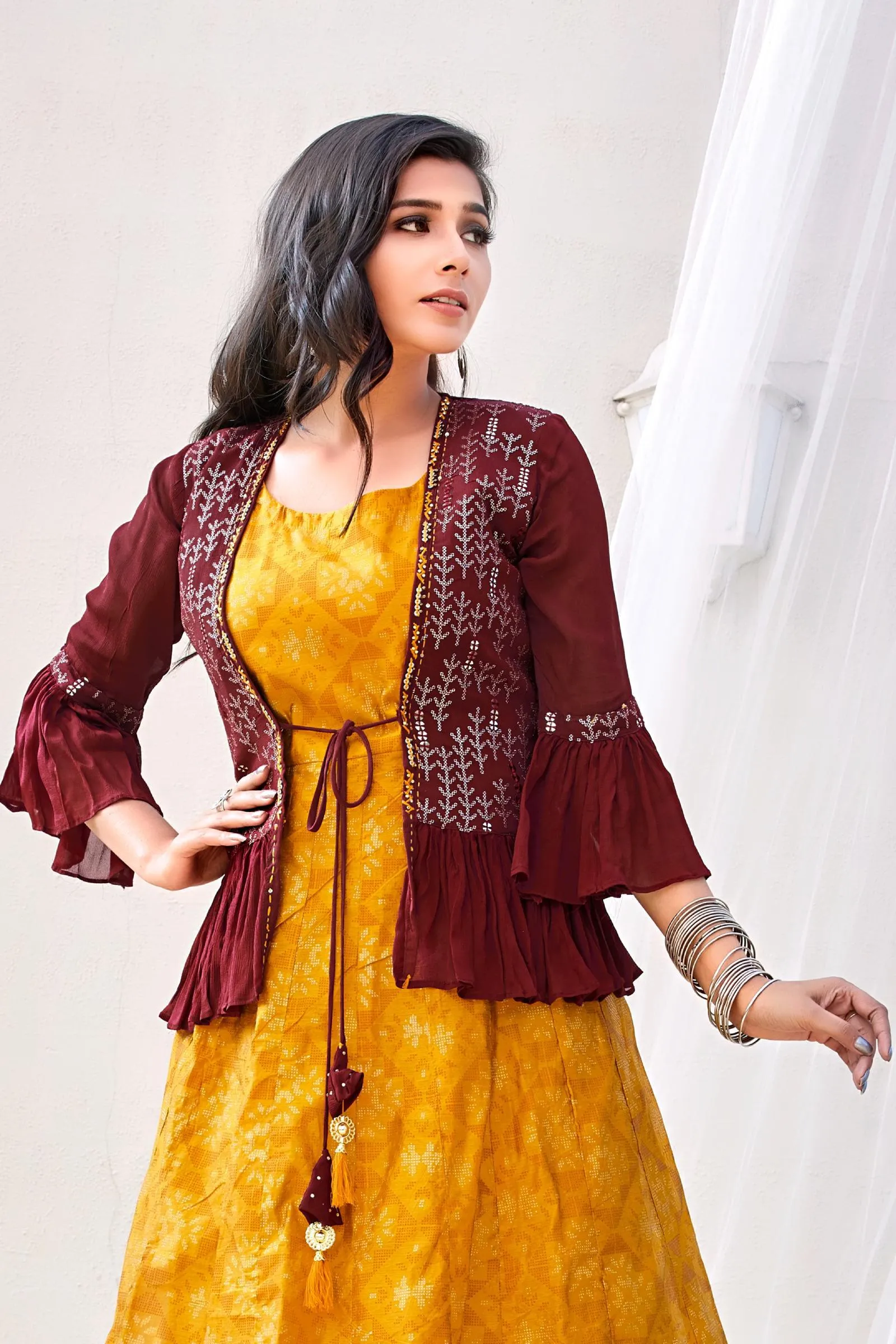 Mustard Yellow with Maroon Overcoat Sequins work Long Kurti