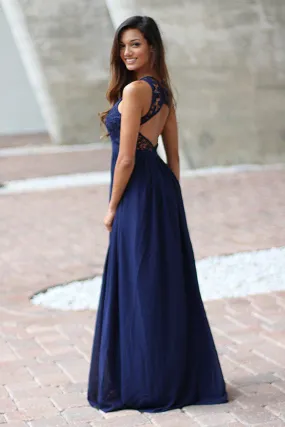 Navy Crochet Maxi Dress with Open Back