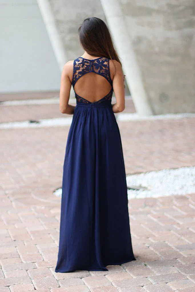 Navy Crochet Maxi Dress with Open Back