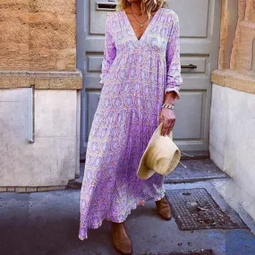 New Fashion Printed Long Bohemian V Long Sleeve Casual Summer Neck Retro Loose Beach Dress